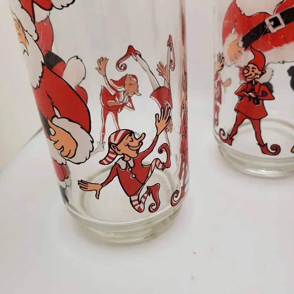 Vintage Christmas Santa Claus and Elves Drinking Glasses Set of 3 Tumblers